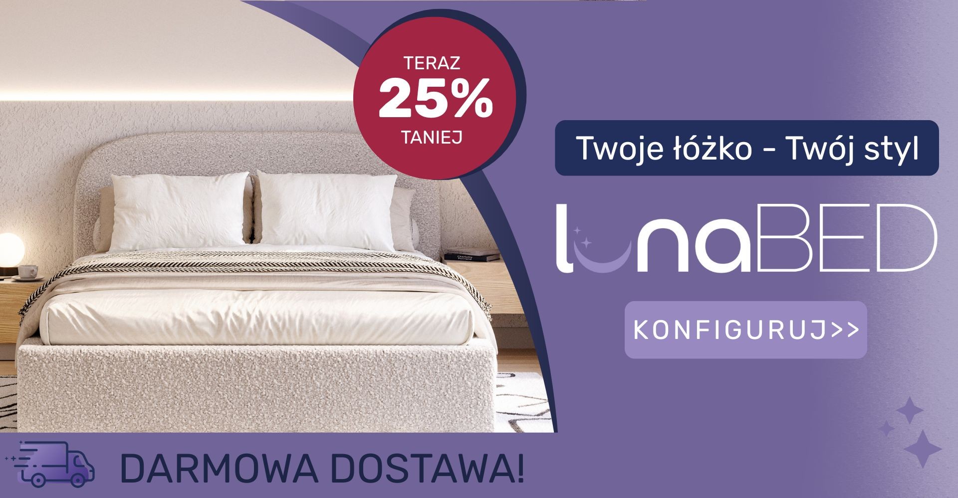 Łóżko Lunabed z tkaniną Abriamo w kolorze szarym. Informacja o promocji -20%